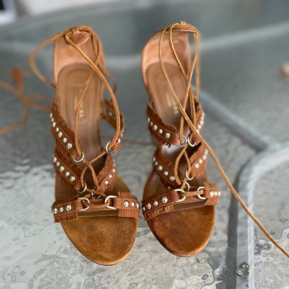 Aquazurra Cognac Suede Studded Gladiator Sandal 37.5